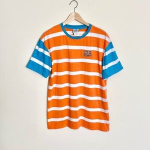 Salem7 White & Orange Striped Embroidered Colorful Fangs T Shirt Mens Size Large